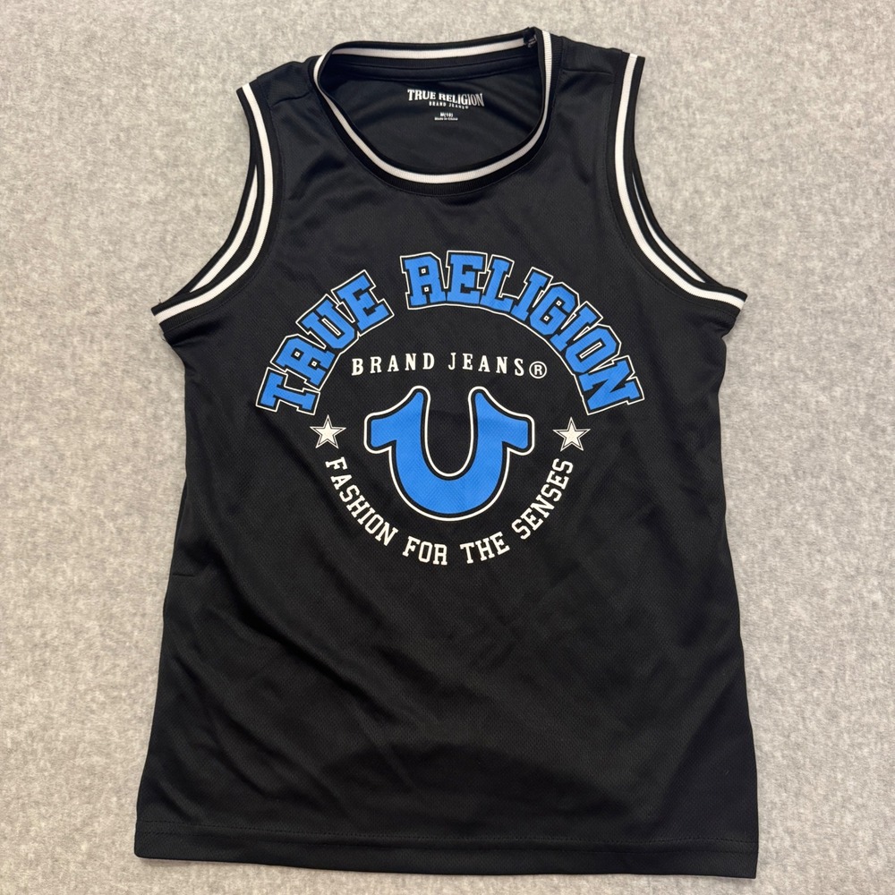 True Religion Kids Black Mesh Basketball Jersey Tank Top‎ Blue Logo Size M 10